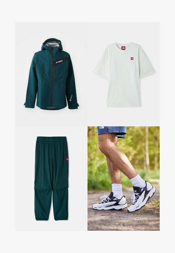 Veste imperméable teal avec capuche, fermeture éclair, accents noirs et logo. Dispose de poignets ajustables et d'une poche zippée à l'avant. Matière GORE-TEX.; T-shirt à manches courtes vert clair en coton doux, arborant une petite étiquette logo rouge sur la zone gauche de la poitrine. Coupe décontractée et col rond.; Pantalons de plein air en bleu sarcelle, avec une taille élastique, deux poches latérales zippées et des poignets élastiques aux chevilles. Matière légère.; Chaussures de sport noir et blanc avec une tige en mesh, des accents texturés et des lacets blancs. Portées avec des chaussettes blanches et des shorts navy sur un chemin.