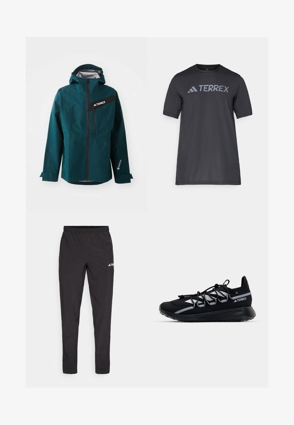 Teal vattentät jacka med huva, dragkedja, svarta accenter och en logotyp. Har justerbara ärmslut och en framficka med dragkedja. GORE-TEX-material.; Svart kortärmad t-shirt gjord av lätt tyg, med en ljusgrå "TERREX"-logotyp över bröstet och rund halsringning.; Svarta träningbyxor med resårmidja, två blixtlåsfickor på sidorna och en logotyp på den övre högra låret. Slät, lättviktsmaterial.; Svart idrottssko med en mesh-övre del, reflekterande detaljer, elastiska snören och en texturerad gummisula. Har en strömlinjeformad design för prestation.