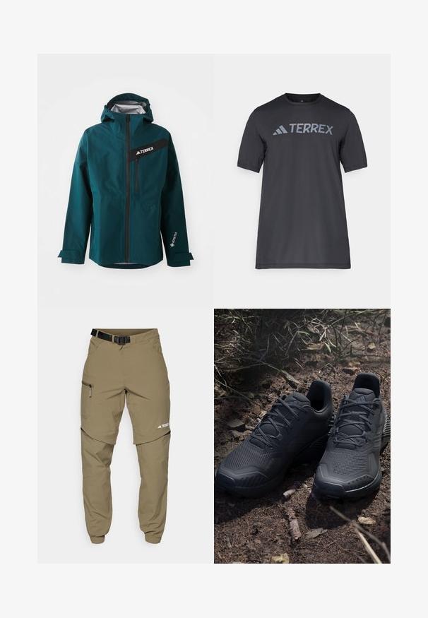Teal wasserfeste Jacke mit Kapuze, Reißverschluss, schwarzen Akzenten und einem Logo. Verfügt über verstellbare Bündchen und eine vordere Reißverschluss-Tasche. GORE-TEX-Material.; Schwarzes T-Shirt mit kurzen Ärmeln aus leichtem Stoff, mit einem hellgrauen "TERREX"-Logo auf der Brust und einem Rundhalsausschnitt.; Khaki Outdoor-Hosen mit verstellbarem schwarzen Gürtel, Reißverschlusstaschen, schmal zulaufenden Bündchen und abnehmbaren unteren Beinen für vielseitige Stylingmöglichkeiten.; Schwarze Sportschuhe mit einem strukturierten Strickobermaterial, verstärkter Zehenkappe und gepolsterten Sohlen, die auf erdigem Boden mit verstreuten Zweigen präsentiert werden.