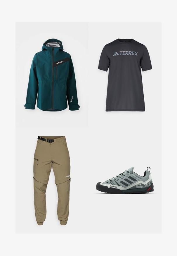 Teal waterproof jacket with a hood, zip closure, black accents, and a logo. Features adjustable cuffs and a front zip pocket. GORE-TEX material.; Black short-sleeve t-shirt made of lightweight fabric, featuring a light gray “TERREX” logo across the chest and a crew neckline.; Khaki outdoor pants with a adjustable black belt, zippered pockets, tapered cuffs, and detachable lower legs for versatile styling.; Gray climbing shoes featuring a textured upper, black rubber toe cap, three dark stripes, and a small red accent on the sole.