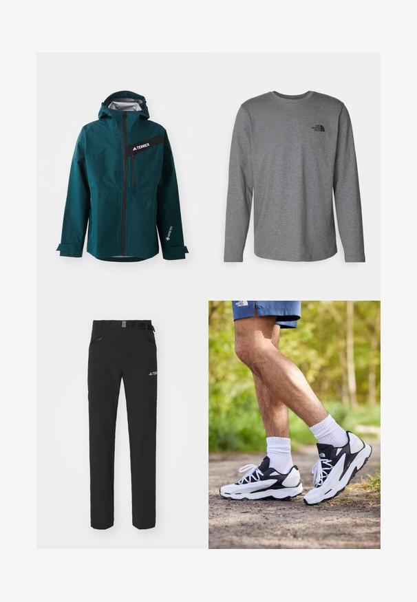 Chaqueta impermeable en color verde azulado con capucha, cierre de cremallera, acentos negros y un logo. Presenta puños ajustables y un bolsillo frontal con cremallera. Material GORE-TEX.; The North Face M L/S SIMPLE DOME TEE - Camiseta de manga larga - medium grey heather; Pantalones exteriores negros con una tela suave, bolsillos laterales con cremallera, secciones de rodillas reforzadas y una cintura ajustable con hebilla.; Zapatillas deportivas en blanco y negro con parte superior de malla, acentos texturizados y cordones blancos. Combinadas con calcetines tobilleros blancos y pantalones cortos de color navy en un sendero.
