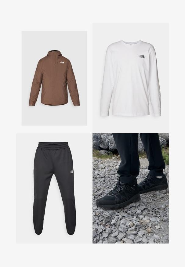 The North Face CARTO TRICLIMATE JACKET - Chaqueta softshell - smokey brown/black; Camiseta de manga larga blanca de algodón con cuello redondo. Presenta un pequeño logotipo negro en el pecho. Textura suave, corte regular.; Pantalones deportivos negros con cintura ajustable mediante cordón, corte tapered, puños elásticos y un pequeño logo blanco en el muslo izquierdo, fabricados en tejido suave.; Zapatos exteriores negros con malla y material sintético, que presentan un upper texturizado, un sistema de cordones seguro y una suela robusta, sobre terreno rocoso.
