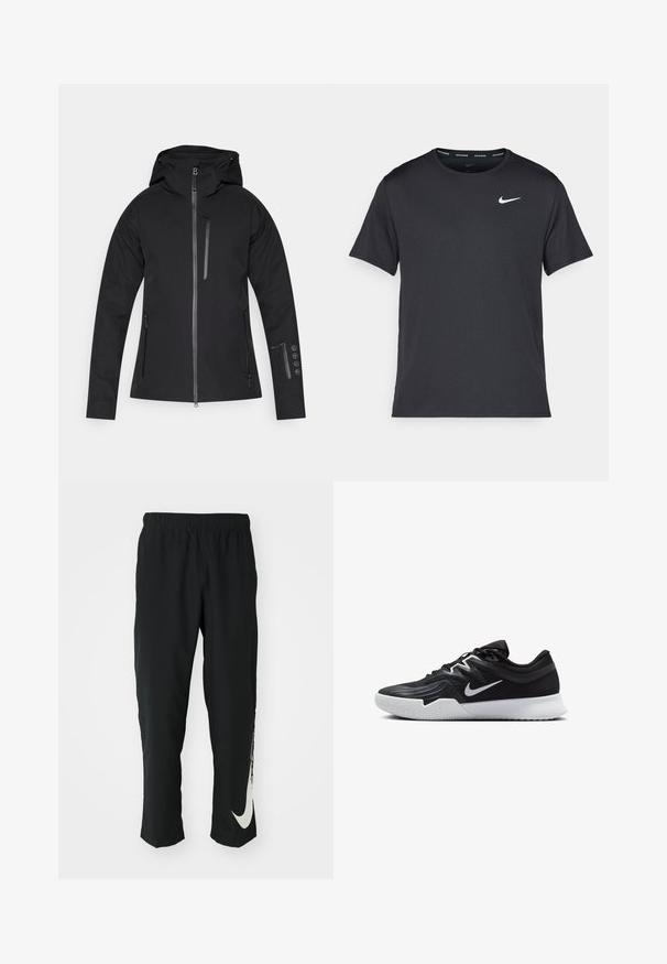 Casaco impermeável preto com capuz, com fecho de correr frontal, bolsos laterais e bolso com fecho de correr na manga com detalhes em botão.; T-shirt de corrida Nike preto, feito de material leve e respirável, com mangas curtas e um pequeno logo branco no peito.; Calças atléticas pretas com cintura elástica, design afunilado, apresentando um grande logótipo branco da Nike na perna esquerda. Tecido macio e leve.; Sapatilha atlética preta com um cabedal texturizado, swoosh branco da Nike e uma sola de borracha branca. Apresenta um design com atacadores e uma forma dinâmica.