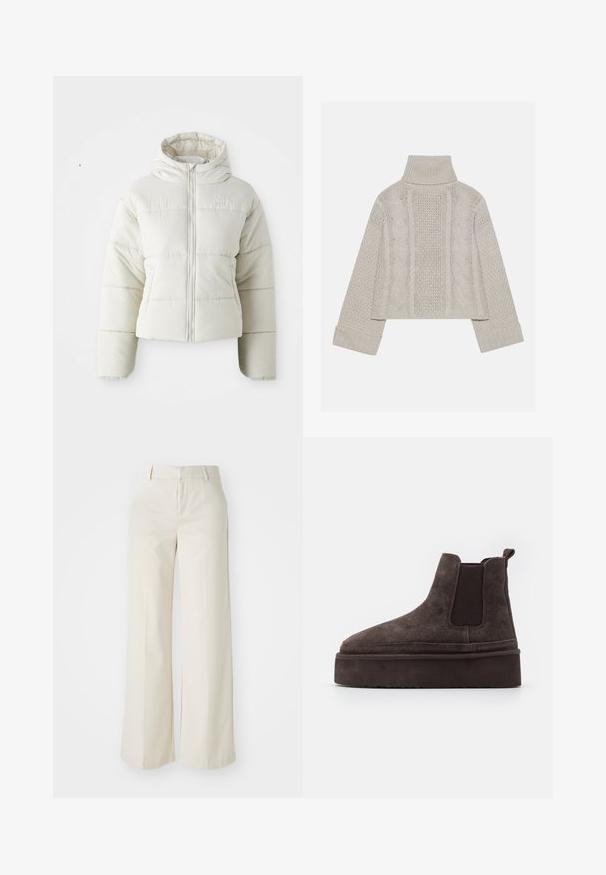 Balta apgriezta pūkaina jaka ar kapuci, priekšējo rāvējslēdzēju, šuvju paneļiem un mazu logotipu uz krūtīm. Gluda, pīksta tekstūra.; Izgriezts, gaiši pelēks adīts džemperis ar augstu apkakli un ribotiem piedurknēm, ar fakturētām virknēm gar muguru un sāniem.; Platas kājās bikses gaisā bežā krāsā, izgatavotas no gludas auduma. Iezīmē klasisku jostasvietu un plakanu priekšpusi ar tīrām līnijām.; Brūni zamša Chelsea zābaki ar elastīgiem sānu paneļiem un biezas, teksturētas platformas zoli. Iespējams, ir vilkšanas cilpa uz papēža, kas atvieglo uzvilkšanu.