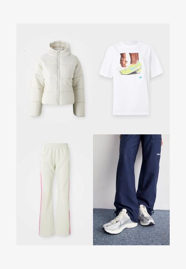 Hvit avkortet pufferjakke med hette, frontlukking med glidelås, sydde paneler, og en liten logo på brystet. Glatt, polstret tekstur.; Hvit bomull t-skjorte med et grafisk motiv av føtter i gule Nike fotballsko med blå detaljer, kombinert med et armbånd på venstre håndledd.; Lys beige bukser med elastisk linning, med rosa sidepaneler og sidelommer. Glatt tekstur med rett ben-design.; Nike treningssko med sølvfarget mesh-overdel, hvite detaljer og teksturerte såler, kombinert med løse mørkeblå bukser.