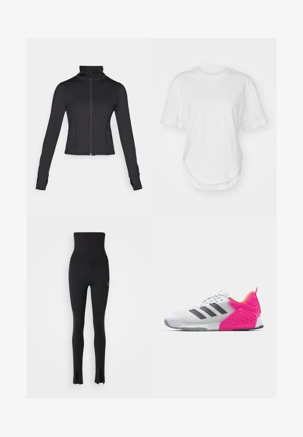 Mustad musta värvi tõmblukuga jakk, millel on kõrge krae, pikad varrukad ja eesmine taskud. Valmistatud siledast ja venivast kangast, millel on vormitud disain.; Valge puuvillane T-särk, millel on ümar kaelus, lühikesed varrukad ja kaardus ääreline. Sile tekstuur, ilma mustrite või aksessuaarideta.; adidas by Stella McCartney Retuusid - black; Valge spordijalanõud hallide triipudega, sissetõmmatav ülemine osa ja roosa kanna ning aktsendid. Omab tekstureeritud kannaosa ja kummist väljaviset. Sidumispaelad ja pehmendusega kaelus.