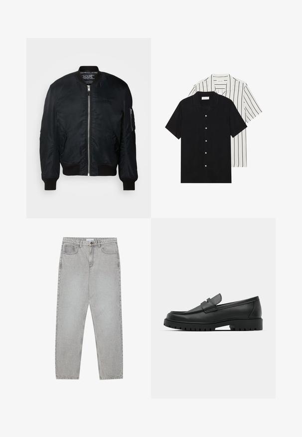 Black nylon bomber jacket with a zip closure, ribbed cuffs, and a left sleeve pocket featuring zipper hardware. Smooth, lightweight texture.; Two short-sleeve shirts: one solid black, one white with black vertical stripes. Both feature button closures and a classic collar.; Light grey denim pants with a straight-leg design, five-pocket styling, and a button closure. Visible stitching along the seams.; Black leather loafers with a rounded toe, featuring a stitched design, low platform sole, and a textured, lugged rubber outsole.