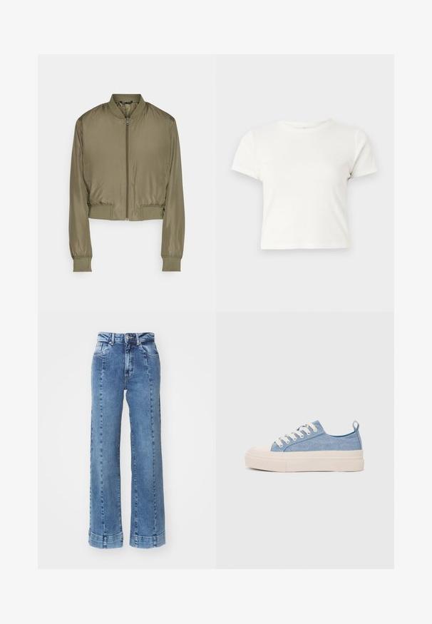 Chaqueta bomber recortada en verde oliva, hecha de tela suave. Presenta un cierre frontal con cremallera, puños acanalados y un dobladillo acanalado.; Camiseta corta blanca de algodón con mangas cortas, cuello redondo y dobladillo recto, con una textura suave y un diseño minimalista.; Vaqueros de mezclilla anchos de color azul claro con cintura alta, que presentan bolsillos frontales y detalles de costura. El dobladillo está doblado y cosido.; Zapatillas de lona azul claro con una puntera y suela de goma crema, que cuentan con cordones blancos y una lengüeta en el talón.