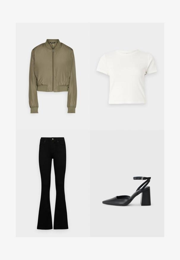 Cropped bomber jacket in olive green, made from smooth fabric. Features a front zipper, ribbed cuffs, and a ribbed hem.; Short white t-shirt made of cotton with short sleeves, a round neckline, and a straight hem, featuring a smooth texture and minimal design.; Black high-waist jeans with a button and zip closure, front pockets, and flared legs laid flat on a white background.; Black leather pointy-toe pump with an ankle strap and a chunky heel. Flat texture, sleek design, and minimalistic aesthetics.