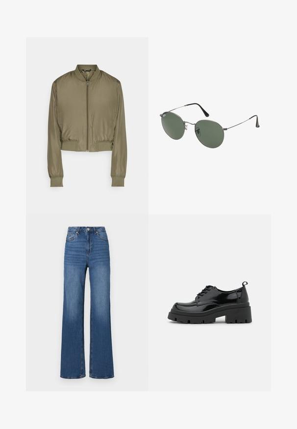 Chaqueta bomber recortada en verde oliva, hecha de tela suave. Presenta un cierre frontal con cremallera, puños acanalados y un dobladillo acanalado.; Dos camisetas sin mangas en negro y blanco, hechas de algodón acanalado, con escote redondo y un diseño ajustado. Etiquetas visibles en ambas.; Jeans azules de tiro alto y pierna ancha, fabricados en denim, con un diseño clásico de cinco bolsillos y un ligero desvanecimiento a lo largo de las piernas.; Zapatos de charol negros con una suela de plataforma gruesa y cordones gruesos. Punta redondeada, detalles mínimos y una pequeña lengüeta en la parte trasera.; Gafas de sol con marco de metal y lentes ovalados verdes. Marco delgado de metal plateado y puntas de las orejas negras. Diseño minimalista, sin logotipos visibles.