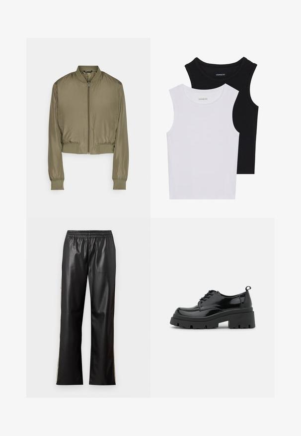 Lühendatud bomberjakki oliivrohelises värvitoonis, valmistatud siledast kangast. Omab esimest tõmblukku, soonikkoes ääreid ja soonikkoes vööd.; Kaks lühikeste varrukateta toppi mustas ja valges, valmistatud ribakudumist, ümarate kaelustega ja sobiva disainiga. Mõlemal on nähtavad sildid.; Mustast kunstnahast püksid elastse vöökoha, sirge jala disaini ja kontrastsete külgtriipudega. Sile tekstuur ja minimalistlik stiil.; Mustad mustri kingad, millel on paks platvormsüstal ja paksed nöörid. Ümar nina, minimaalne detaljide arv ja väike kannataga tab.