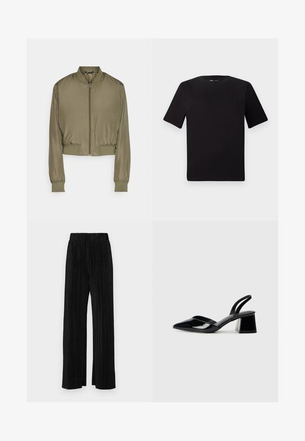 Jaqueta bomber ajustada em verde oliva, feita de tecido liso. Apresenta um fecho frontal, punhos canelados e uma bainha canelada.; T-shirt preta de mangas curtas com decote redondo, feita de tecido de algodão suave. Design simples, sem logótipos ou padrões visíveis.; Calças pregueadas pretas com uma cintura elástica. Apresentam pernas largas e um tecido liso, texturizado com riscas verticais.; Sandy em verniz preto com salto slingback, ponta afilada e salto geométrico. Apresenta um design elegante e minimalista com textura suave.