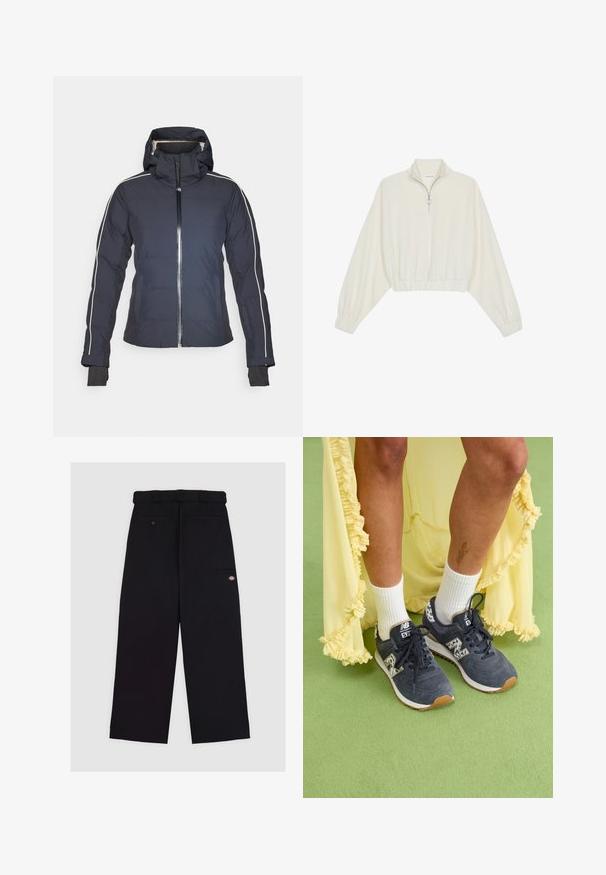 Giacca impermeabile della marina con cappuccio, zip frontale e strisce laterali bianche. Presenta polsini elasticizzati e tasche a toppa. Tessuto dalla superficie liscia.; Pullover accorciato in tessuto crema, con colletto alto, chiusura a zip parziale, orlo e polsini elasticizzati, dalla texture liscia e design minimal.; Pantaloni neri realizzati in un tessuto morbido al tatto. Presentano un design a gamba dritta, una vita con passanti per la cintura e numerose tasche.; Sneakers in suede grigio con suole bianche e accenti pattern. Abbinati a calzini bianchi a tubo e a un vestito giallo con balze. Sfondo verde testurizzato.