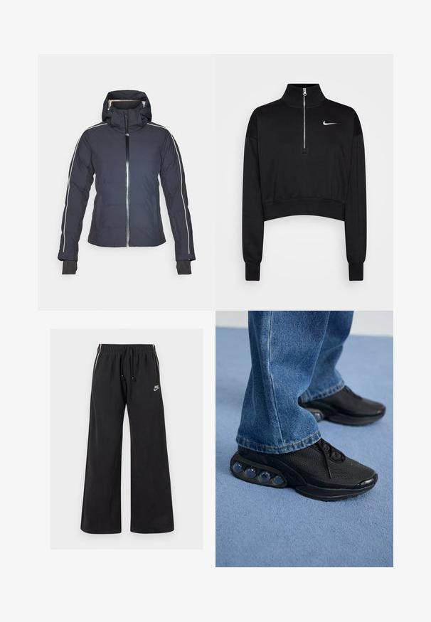 Navy isolierte Jacke mit Kapuze, Frontreißverschluss und weißen Seitenstreifen. Verfügt über elastische Bündchen und aufgesetzte Taschen. Glatte Stoffoberfläche.; Schwarzer, kurzer Sweatshirt mit hohem Kragen, halbem Reißverschluss, gerippten Bündchen und kleinem weißen Nike-Logo auf der linken Brust. Weicher Stoff.; Schwarze Jogginghosen aus weichem Material, mit einem elastischen Bund und einem Kordelzug, seitlichen Streifen und einem kleinen Logo auf der linken Vorderseite.; Schwarze sportschuhe mit atmungsaktivem Mesh-Obermaterial, strukturierten Akzenten und sichtbaren Luftpolstern in der Sohle. Getragen mit blauen Jeans.