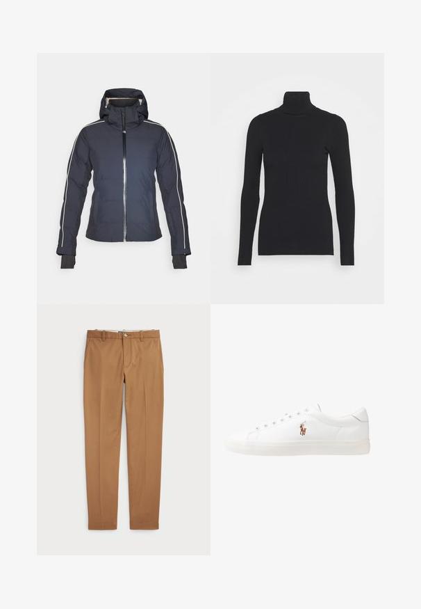 Veste isolée de couleur navy avec capuche, fermeture éclair frontale et rayures blanches sur les côtés. Elle dispose de poignets élastiques et de poches à rabat. Texture de tissu lisse.; Pull noir à col roulé côtelé, doté de longues manches et d'une silhouette près du corps. La texture est lisse avec un motif de côtes horizontal.; Pantalons en coton marron au design ajusté, devant plat et poches standard ; texture lisse et ourlets finis.; Baskets en cuir blanc, design bas, avec une texture lisse, bout rond, lacets à l'avant et un petit logo brodé sur le côté.