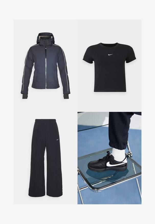Navy isolierte Jacke mit Kapuze, Frontreißverschluss und weißen Seitenstreifen. Verfügt über elastische Bündchen und aufgesetzte Taschen. Glatte Stoffoberfläche.; Schwarzes T-Shirt mit kurzen Ärmeln aus Baumwolle und rundem Ausschnitt. Es hat ein weißes Nike-Logo auf der Brust, ein minimalistisches Design und eine taillierte Form.; Schwarze weit geschnittene Hosen mit einem elastischen Bund und einem kleinen weißen Nike-Logo. Der Stoff hat eine glatte Textur und ist für Komfort und lässiges Tragen konzipiert.; Schwarze Nike-Sneaker mit weißen Akzenten, die über eine glatte Ledertextur, ein Schnürdesign und eine abgerundete Zehenform verfügen, platziert auf einem Glasstuhl.