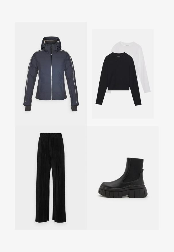 Jachetă izolată marină cu glugă, fermoar frontal și dungi albe pe laterale. Prezintă mansete elastice și buzunare cu clapă. Textură de țesătură netedă.; Două cămăși cu mâneci lungi: una neagră și una albă. Ambele au guler rotund, mâneci raglan și sunt realizate dintr-un amestec moale de bumbac.; Pantaloni negri plisati cu talie elastică. Prezintă picioare largi și un material neted, texturat, cu dungi verticale.; Boots negri până la glezne, realizate din piele netedă, cu panouri laterale elastice, o talpă platformă robustă și un design texturat al tălpii.
