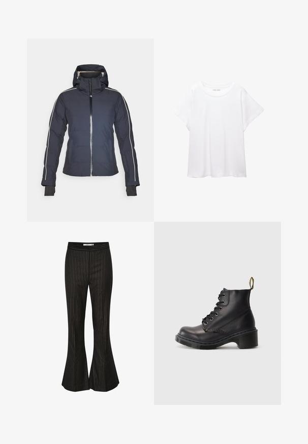 Navy insulated jacket with hood, front zipper, and white side stripes. Features elastic cuffs and patch pockets. Smooth fabric texture.; White T-shirt made of soft, lightweight fabric. Features a round neckline and short, wide sleeves with a relaxed fit. No visible patterns.; Black flared trousers with white vertical pinstripes, featuring a smooth texture and a fitted waist, designed for a tailored fit.; Black leather ankle boots with a rounded toe, lace-up design, and textured rubber heel. Features yellow loop at the back for easy wear.