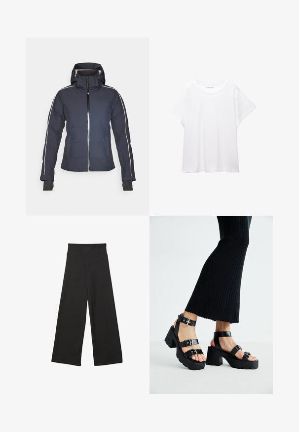Mornarska topla jakna s kapuljačom, prednjim zatvaračem i bijelim bočnim trakama. Ima elastične manžete i zakrpne džepove. Glatka tekstura tkanine.; Bijela majica od mekane, lagane tkanine. Ima okrugli izrez i kratke, široke rukave s ležernim krojem. Bez vidljivih uzoraka.; Crne široke hlače s visokim elastičnim pojasom, mekanim materijalom i slobodnim krojem, pogodne za ležerno nošenje ili opuštene prostore.; Crne platforme sandale s debelim, nazubljenim potplatima i višestrukim trakama, s metalnim kopčama i glatkom teksturom koja podsjeća na kožu.