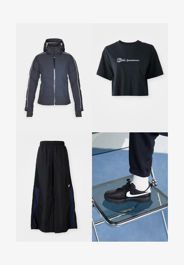 Sini insulated takki, jossa on huppu, etuvetoketju ja valkoiset sivusommitelmat. Varusteena joustavat hihansuut ja taskut. Sileä kankaan rakenne.; Mustat puuvillaiset t-paidat, joissa on lyhyet hihat, etupuolella valkoiset tekstit "Vice Sportswear" ja ympyräkuvio.; Musta leveälahkeinen housu, joka on valmistettu kevyestä kankaasta. Housuissa on tummansininen sivupaneeli ja joustava vyötärö. Alhaalla on pieni valkoinen logo.; Mustat Nike-tennarit valkoisilla yksityiskohdilla, joissa on sileä nahkapinta, nauhakiinnitys ja pyöreä varvas, aseteltuna lasituolille.