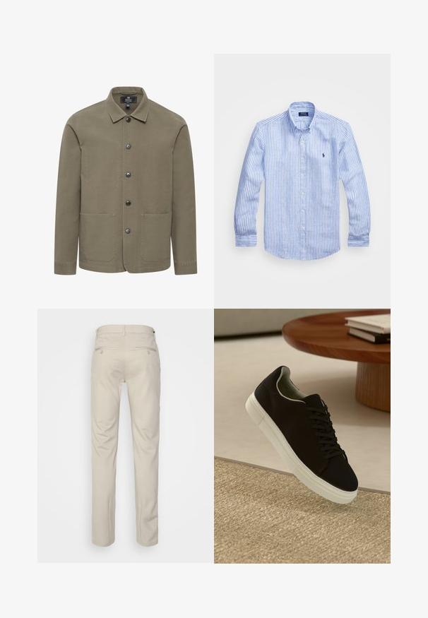 Alyvuogių žalios spalvos medvilninis švarkas su apykakle, sagčių uždarymu ir dviem priekinėmis kišenėmis. Pasižymi lygiu paviršiumi ir paprastu dizainu.; Mėlynos ir baltos dryžuotos ilgomis rankovėmis medvilninė marškiniai, turintys sagtelę ant apykaklės, priekinius mygtukus ir mažą išsiuvinėtą logotipą krūtinėje.; Bežinės kelnės su lygia tekstūra, tiesiu pjūviu, dviem užpakalinėmis kišenėmis su sagomis ir standartine juosmena.; Juodas sportinis batelis su baltu padu, lekiančius virš smėlio spalvos tekstūruoto kilimo šalia apvalaus medinio stalo su sukrautomis knygomis.