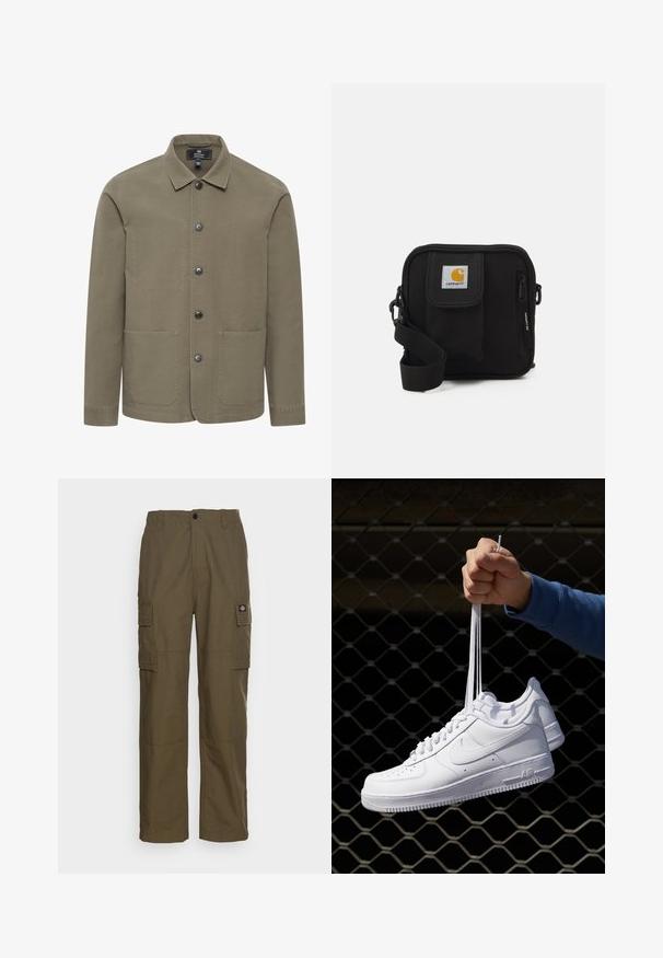 Olivgrön jacka i bomull med krage, knappstängning och två framfickor. Har en mjuk textur och enkel design.; Vit kortärmad t-shirt i bomull, med rund halsringning och en mjuk yta, rak passform och utan mönster.; Cargo-byxor i olivgrönt, tillverkade av slitstarkt tyg. Har två sidofickor, en standardmidja och en rak bendesign.; Vita lädersneakers med perforeringar, rund tå, platt sula och tjocka snörning, med en synlig swoosh-logga och "AIR" på hälen.; Svart korsväska med ett blixtlåstaget huvudfack, framsida ficka, justerbar rem och en synlig logotyp på klaffen.