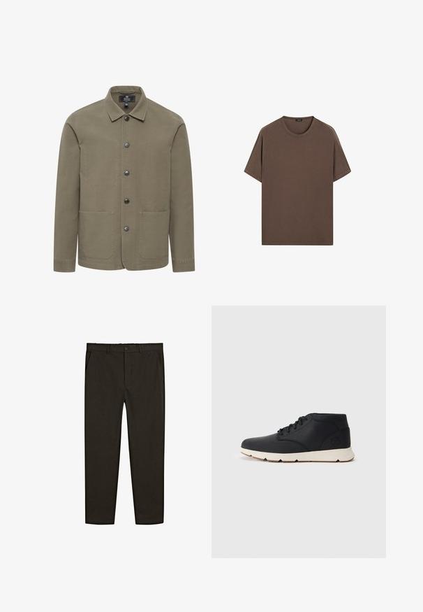 Oliwkowa kurtka z bawełny, z kołnierzem, z przodem zapinanym na guziki oraz dwoma przednimi kieszeniami. Charakteryzuje się gładką strukturą i prostym wzornictwem.; Brązowa bawełniana koszulka z okrągłym dekoltem i krótkimi rękawami. Prosty design, wyrównana faktura i luźny krój. Brak wzorów czy akcentów.; Ciemnobrązowe, tkane spodnie o prostym kroju, z przednimi kieszeniami i zapięciem na guzik w pasie. Gładka tekstura.; Czarne skórzane buty chukka z białą gumową podeszwą, z okrągłymi sznurówkami i wytłoczonym logo na pięcie. Gładka faktura na całej powierzchni.