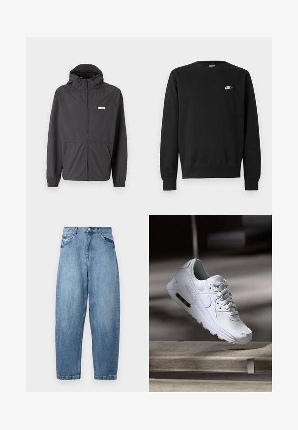 Schwarze leichte Jacke mit Kapuze, Reißverschluss vorne, elastischen Bündchen und zwei Seitentaschen. Auf der Brust befindet sich ein kleines Logo.; Schwarzer Sweatshirt aus Baumwolle mit rundem Ausschnitt, langen Ärmeln und einem kleinen weißen Nike-Logo auf der oberen linken Brust.; Hellblaue Jeans aus Denim mit einer lässigen Passform, fünf Taschen-Design und verblasster Textur. Der Bund ist mit einem Knopf- und Reißverschluss ausgestattet.; Weiße Nike Air Max 90 Sneaker mit einem Obermaterial aus Mesh und Leder, durchlässigem Zehenbereich und einer sichtbaren Air-Einheit in der Ferse.
