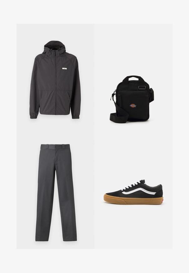 Juodas lengvas džemperis su gobtuvu, su užtrauktuku priekyje, elastingomis rankovėmis ir dviem šoninėmis kišenėmis. Yra mažas logotipas ant krūtinės.; Du žemos medvilnės marškinėliai yra parodyti nugara prie nugaros: vienas juodas, o kitas baltas. Abu marškiniai turi trumpas rankoves ir apvalius iškirpimus, su lygiu paviršiumi.; Pilkos kelnes, pagamintos iš lygios medžiagos, tiesaus kirpimo, su mygtuko užsegimu ir dirželių kilpomis; minimalūs siūlės ir be raštų.; Juodos zomšinės sportbačiai su balta šonine juostele, baltomis raišteliais ir guminiu padu. Klasikinis žemas dizainas su tekstūruotais akcentais ir apvaliu nosiu.; Juodas per petį nešiojamas krepšys su užtrauktuku, stačiakampio formos, pagamintas iš audinio, su logotipo siuviniu priekyje, reguliuojamo ilgio petneša.