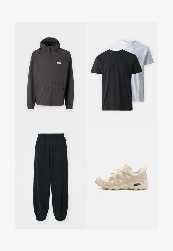Zwarte lichtgewicht jas met een capuchon, ritssluiting aan de voorkant, elastische manchetten en twee zijzakken. Heeft een klein logo op de borst.; Twee katoenen T-shirts, rug aan rug getoond: één zwart en één wit. Beide hebben korte mouwen en een ronde halslijn, met een gladde textuur.; Zwarte, elastiche sweatpants met een losse pasvorm, manchetten aan de enkels, een zachte textuur en zonder zichtbare patronen of hardwareaccenten.; Beige en crème sportschoen met een textuur-mesh bovenwerk, ondersteunende overlays en een rubberen zool met een profielpatroon voor grip.