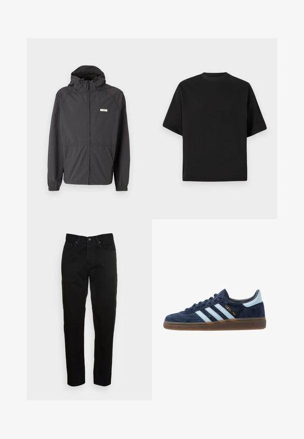 Czarna lekka kurtka z kapturem, z zamkiem z przodu, elastycznymi mankietami i dwiema kieszeniami bocznymi. Posiada małe logo na piersi.; Czarna, krótka koszulka w luźnym kroju, wykonana z gładkiej bawełny, z okrągłym dekoltem i minimalistycznym designem.; Czarne jeansy slim-fit z zapięciem na guzik z przodu i pięcioma kieszeniami, wyeksponowane na jednolitym jasnoszarym tle.; Granatowe zamszowe tenisówki Adidas z jasnoniebieskimi paskami, gumową podeszwą, jasnoniebieską zakładką na pięcie oraz złotym logo "Spezial" po boku.