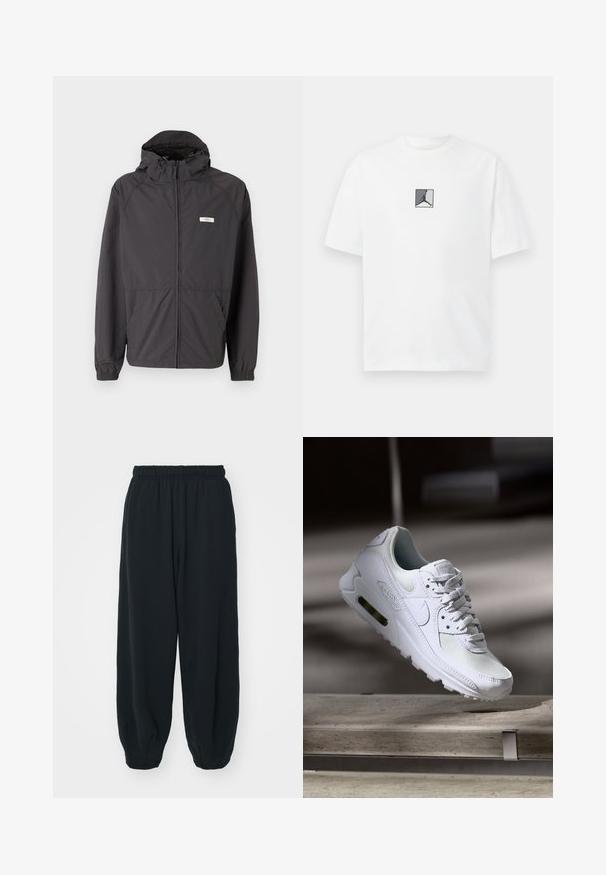 Jachetă ușoară de culoare neagră, cu glugă, fermoar frontale, manșete elastice și două buzunare laterale. Are un logo mic pe piept.; Tricou alb din bumbac, cu un grafic central în tonuri de negru și gri. Guler clasic tip crew și mâneci scurte, cu o potrivire lejeră.; Pantaloni de trening negri, cu talie elastică, cu o croială lejeră, la baza pantaloni fiind strânși, având o textură netedă și fără modele sau accente metalice vizibile.; Adidașii Nike Air Max 90 albi, având un superior din plasă și piele, cutie pentru degete perforată și o unitate de aer vizibilă în călcâie.