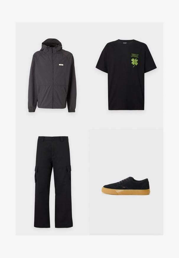 Musta kevyt takki huppulla, vetoketjukiinnityksellä, elastiset hihansuut ja kaksi sivutaskua. Rinnassa pieni logo.; Mustan puuvillan T-paita, jossa on vihreä nelilehtinen apila -grafiikka ja teksti "ONNEA JATKOSSA" vasemmassa rintapuskurissa.; Musta cargo-housut suoralla lahkeella. Valmistettu kestävästä kankaasta, jossa on kaksi sivutaskua läppäkiinnityksellä ja nappisuljenta.; Mustat mokkakengät kumipohjalla, litteillä nauhoilla ja sivustikkingityksellä, jossa on pieni punainen logo-tagi sivussa.