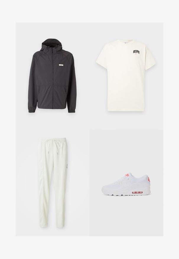 Musta kevyt takki huppulla, vetoketjukiinnityksellä, elastiset hihansuut ja kaksi sivutaskua. Rinnassa pieni logo.; Kermanvärinen puuvillapaita lyhyillä hihoilla, jossa rintakehässä on musta- ja punateksti "NIKE SB". Standardi pyöreä kaula-aukko.; Valkoiset slim-fit-housut, joissa on joustava vyötärö ja vetoketju, sivusaumadetaljit ja pieni musta merkki oikeassa lahkeessa.; Valkoinen urheilujalkine, jossa on sileä päällinen, nauhakiinnitys, pehmustettu pohja ja näkyvä ilmayksikkö, jossa on punaisia yksityiskohtia brändissä.