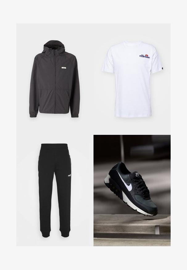 Zwarte lichtgewicht jas met een capuchon, ritssluiting aan de voorkant, elastische manchetten en twee zijzakken. Heeft een klein logo op de borst.; Witte katoenen T-shirt met korte mouwen, voorzien van een marineblauw geborduurd logo op de linkerborst en een levendige kleurenaccent boven het logo.; Zwarte sweatpants van zacht materiaal hebben een taps toelopend ontwerp, een elastische tailleband, zijzakken met ritsen en een klein logo-accent.; Zwarte en groene sneaker met een gemêleerde mesh bovenkant, witte swoosh-logo, gewatteerde kraag en een zichtbare luchtkusseneenheid in de zool.