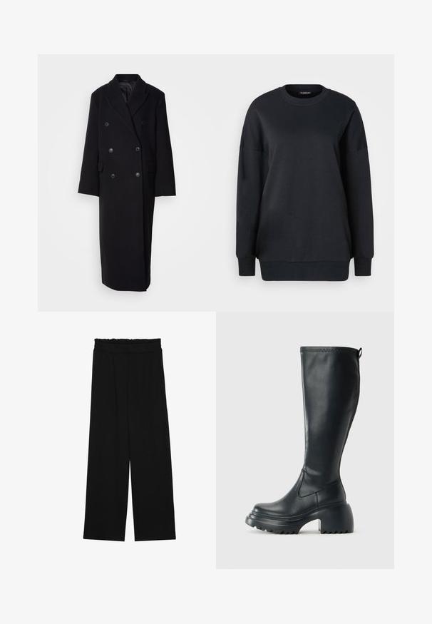 Zwarte dubbele-breasted wollen jas met een afgewerkte kraag, twee voorzakken en grote knoopsluitingen, met een lange, rechte snit.; Zwarte sweatshirt van katoen, met een ronde halslijn, lange mouwen en een relaxed fit. Soepele textuur met ribbelboorden en onderkant.; Zwarte wijde broek met een gerimpelde tailleband, voorzien van twee zijzakken en een soepele, lichte stof. Geen zichtbare patronen of hardware.; Hoge zwarte leren laars met een chunky plateauzool en blokhak, voorzien van een trekband en een gestructureerd profiel op de buitenzool.