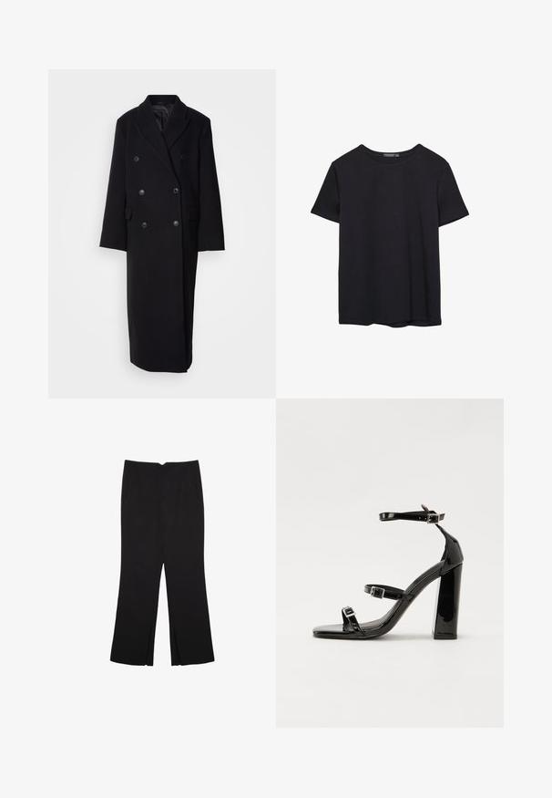 Čierny dvojradový vlnený kabát s vystrihnutým golierom, dvoma prednými vreckami a veľkými gombíkmi, s dlhým, rovný strihom.; Jednoduché čierne bavlnené tričko s krátkym rukávom a okrúhlym výstrihom, umiestnené na bielom pozadí.; Čierne nohavice so strihom rovného strihu, s prednými vreckami a bočnými rozparkami na leme. Vyrobené z mäkkej, hladkej tkaniny. Vhodné na rôzne príležitosti.; Čierne lakované sandále na podpätku so štvorcovou špičkou, navlečenými remienkami okolo členku a striebornými prackami. Disponujú masívnym blokovým podpätkom pre stabilitu.