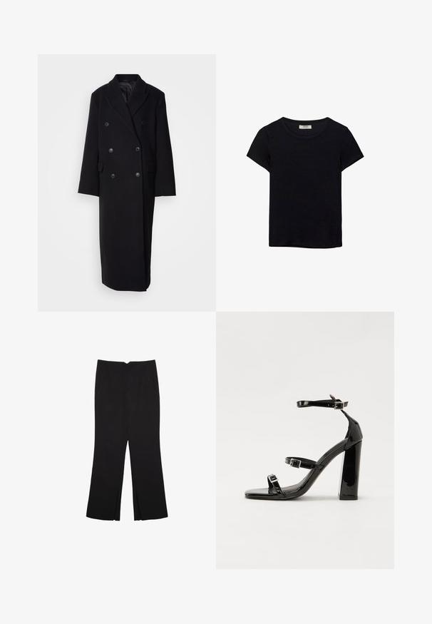 Sort dobbeltbrystet uldfrakke med klippet krave, to forlommer og store knaplukninger, med en lang, lige pasform.; Sort kortærmet t-shirt lavet af blødt stof. Har en klassisk rund halsudskæring og en afslappet pasform. Ingen mønstre eller accenter synlige.; Sorte bukser med lige pasform, der har frontlommer og slidser i kanten. Lavet af blødt, glat stof. Velegnet til forskellige anledninger.; Sorte patenterede hælsandaler med firkantet tå, ankelremme og sølvspænder. Har en chunky blokHæl for stabilitet.