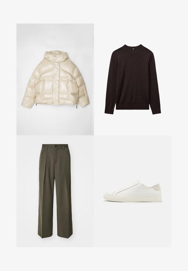 Chaqueta de plumas beige con un acabado brillante, forma oversized, gran capucha y dos bolsillos delanteros con cremallera. Cordón elástico en el dobladillo.; Reiss Jersey de punto - dark bordeaux; Filippa K WIDE TROUSERS - Pantalones - driftwood; Zapatilla blanca de cuero con una superficie suave, punta redonda y diseño minimalista. Presenta acentos en beige en el talón y una suela de goma.