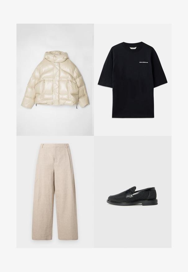 Beige Puffer-Jacke mit glänzender Oberfläche, oversized Schnitt, großer Kapuze und zwei vorderen Reißverschlusstaschen. Elastischer Kordelzug am Saum.; Schwarzes Baumwoll-T-Shirt mit kurzen Ärmeln, Rundhalsausschnitt und einem kleinen weißen "HOLZWEILER"-Logo auf der Vorderseite, mit einer lockeren Passform.; Holzweiler ALEX ONE PLEAT TROUSER - Stoffhose - ecru; Schwarzer geflochtener Slipper mit einem glatten Lederakzent im Obermaterial, einem runden Zehendesign und einer flachen Gummisohle.