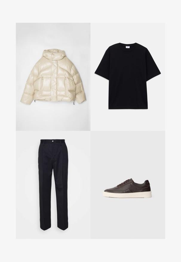 Giacca puffer beige con finitura lucida, forma oversize, grande cappuccio e due tasche frontali con zip. Corda elastica regolabile all'orlo.; T-shirt oversize nera a maniche corte con scollatura rotonda e etichetta del marchio Filippa K visibile all'interno del colletto.; Pantaloni neri su misura con design a gamba dritta, realizzati in tessuto liscio, con chiusura frontale a bottone e due tasche laterali.; Sneakers in pelle marrone scuro con una finitura testurizzata, punta tonda e suola in gomma crema a contrasto. Presentano lacci e sottili dettagli di cucitura.