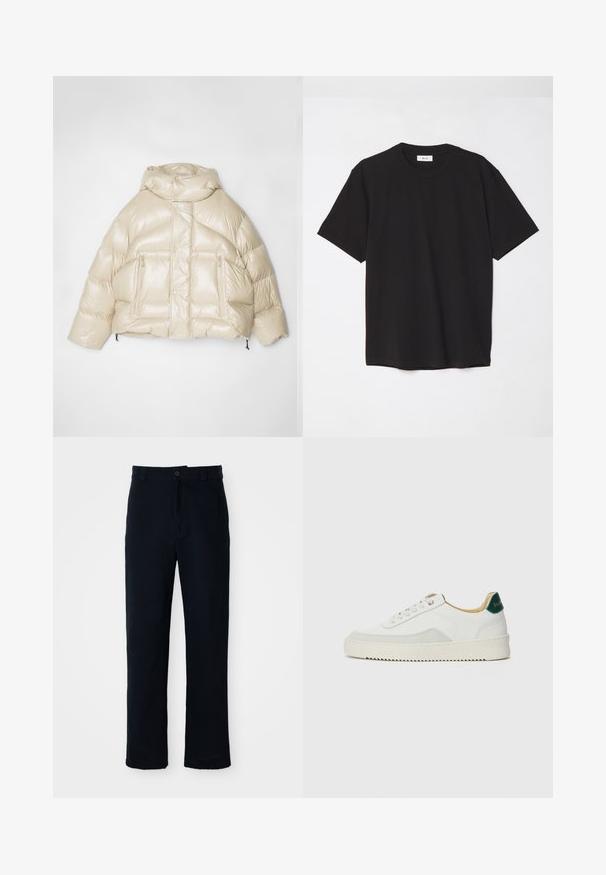 Beige puffer jacket with a glossy finish, oversized shape, large hood, and two front zip pockets. Elastic drawstring at the hem.; Black cotton t-shirt with a crew neck, short sleeves, and a relaxed fit. Simple design, smooth texture, and no visible patterns or logos.; Navy blue trousers made of cotton, featuring a straight-leg design, a front button closure, and classic waistband with belt loops.; White sneaker with suede accents, rounded toe, flat laces, and a cream rubber sole. Features green branding on the heel.