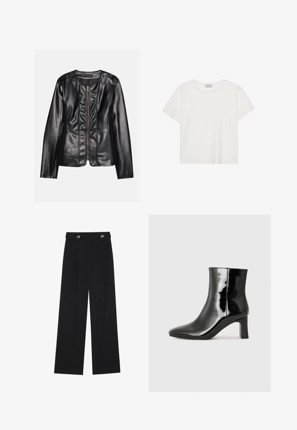 Veste en cuir noir avec fermeture éclair frontale, coupe ajustée, texture lisse et tissu contrastant sur les côtés pour plus de détails.; T-shirt blanc à manches courtes en coton doux. Présente un col rond et une coupe décontractée. Design épuré sans motifs ni accents visibles.; Pantalons larges noirs à taille haute, avec des détails de boutons à la taille et des plis sur le devant.; Bottines en cuir verni noir avec un bout pointu et un talon block de hauteur moyenne. Texture lisse et design minimaliste.