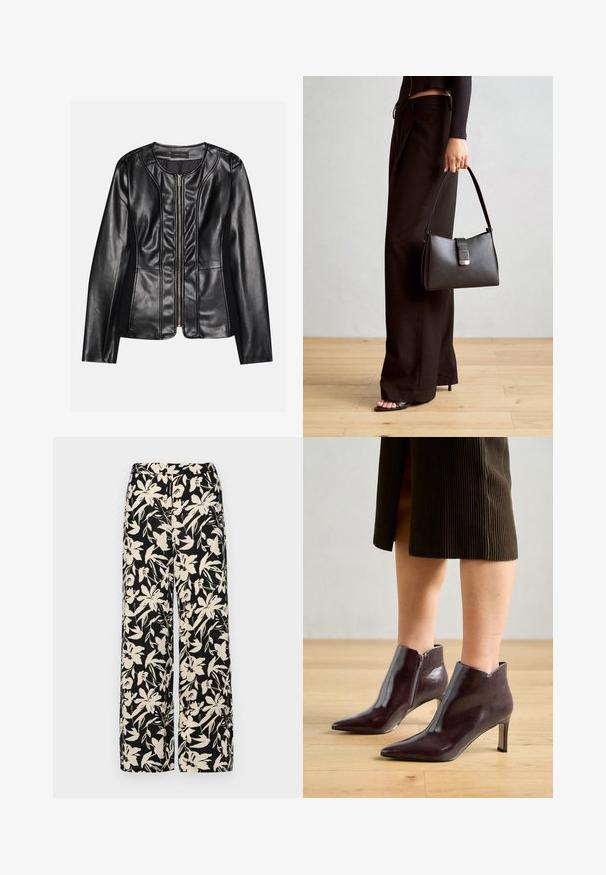 Schwarze Lederjacke mit einem Reißverschluss vorne, figurbetontem Schnitt, glatter Textur und kontrastierendem Stoff an den Seiten für zusätzlichen Detail.; Schwarzes Kurzarmoberteil aus glattem Material, mit einem Peplum-Design und einem taillierten Bund, der mit zwei runden, silberfarbenen Knöpfen ausgestattet ist.; Schwarze weit geschnittene Hose mit einem cremefarbenen Blumenmuster. Hergestellt aus leichtem Stoff, mit einer glatten Textur und einem hohen Bund.; Burgunderfarbene Leder-Stiefeletten mit spitzem Zeh und schmalem Absatz. Mit seitlichem Reißverschluss und glatter, glänzender Textur.; Schwarze Handtasche mit strukturierter Form, glatter Textur und einem metallischen Verschluss. Kombiniert mit weiten schwarzen Hosen und offenen Sandalen auf einem Holzboden.