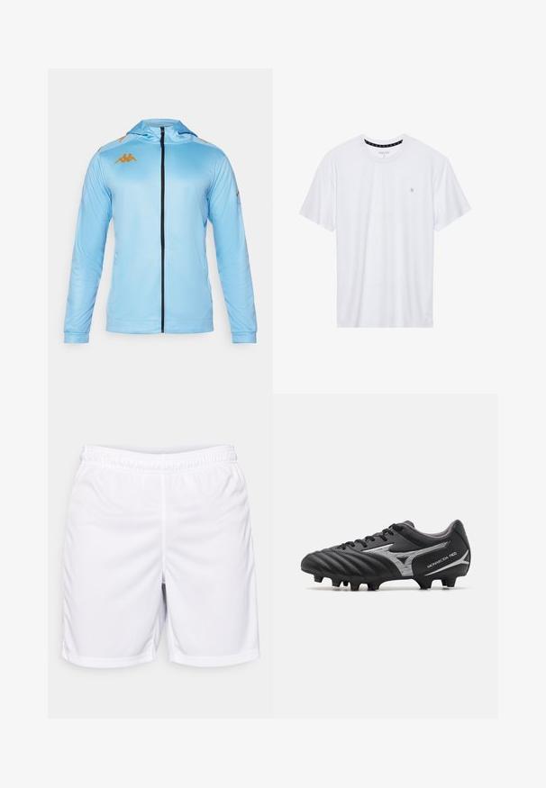 Világoskék, cipzáras dzseki hosszú ujjal, kapucnival, fekete cipzárral és arany logókkal a vállakon. Simai, sportos anyag.; Fehér, pamutból készült folt nélküli póló, rövid ujjakkal és a bal melle részén elhelyezett, hímzett kis logóval. Puha tapintású.; Fehér sportnadrág könnyű anyagból, rugalmas derékkal, lapos varrásokkal, egyszerű dizájnnal, zsebek nélkül.; Fekete focicipő, texturált szintetikus felsőrésszel, ezüst részletekkel és fűzős kialakítással. Formázott talppal rendelkezik, látható stoplival a tapadás érdekében.