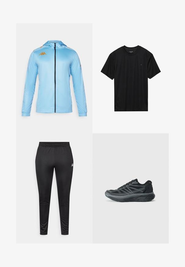 Világoskék, cipzáras dzseki hosszú ujjal, kapucnival, fekete cipzárral és arany logókkal a vállakon. Simai, sportos anyag.; Fekete, rövid ujjú póló, lágy anyagból készült, kerek nyakkivágással és a bal mellrészen fekete hímzett kis logóval.; Fekete sportnadrág sima, rugalmas anyagból, elasztikus derékpánttal és fehér logóval a bal combján.; Pier One Sport Sportcipő - black