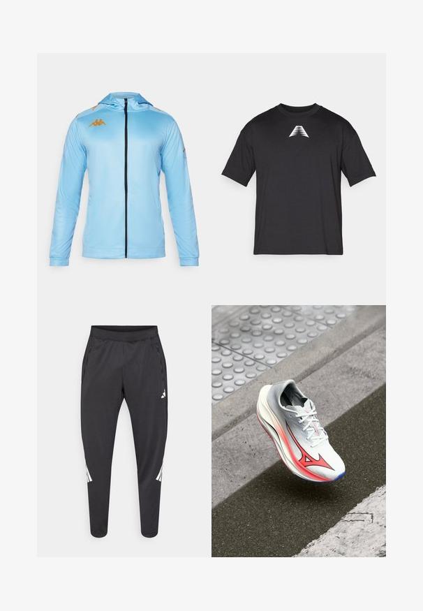 Chaqueta azul claro con cremallera y mangas largas, que presenta una capucha, cremallera negra y acentos de logo dorado en los hombros. Tejido suave y atlético.; Camiseta negra de manga corta hecha de tejido ligero, con un logo triangular blanco en la parte delantera, cuello redondo clásico y corte relajado.; Pantalones deportivos negros con piernas ajustadas, cintura elástica, bolsillos laterales y detalles en logo y rayas blancas. Hechos de un material suave y ligero.; Zapatilla de correr con una parte superior en gris y blanco, acentos en rosa y un diseño elegante. Presenta una suela texturizada y un sistema de cordones para un ajuste seguro.