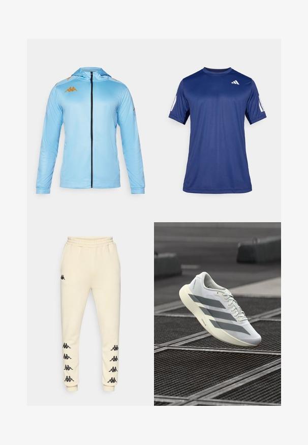 Lichtblauwe ritssluitingjack met lange mouwen, voorzien van een capuchon, zwarte rits en gouden logo-accenten op de schouders. Glad, sportief materiaal.; Navyblauw sportshirt met korte mouwen, gemaakt van een gladde stof, met een ronde hals en een wit logodetail op de bovenste linkerborst.; Crème-kleurige trainingsbroek met zwarte Kappa-logo's langs beide benen en een elastische tailleband met trekkoord.; Witte sportieve schoen met een bovenwerk van gestructureerd mesh, voorzien van grijze strepen en een dempende zool. Lichtgewicht ontwerp, geschikt om mee te hardlopen.