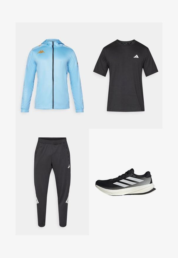 Light blue zip-up jacket with long sleeves, featuring a hood, black zipper, and gold logo accents on the shoulders. Smooth, athletic fabric.; Black short-sleeve t-shirt made of fabric with a smooth texture; features a white logo on the chest and a round neckline.; Black athletic pants with tapered legs, elastic waistband, side pockets, and white logo and stripes detailing. Made from a smooth, lightweight material.; Black athletic shoe with a mesh design, featuring white stripes, a rounded toe, and a textured sole for grip and support.