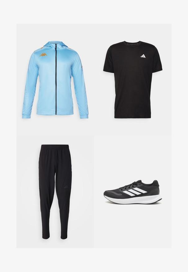 Giacca a zip azzurro chiaro con maniche lunghe, dotata di cappuccio, zip nera e dettagli in oro sulle spalle. Tessuto liscio e sportivo.; T-shirt in cotone nero con maniche corte, scollo rotondo e logo bianco sul lato sinistro del petto. Texture liscia e design semplice.; Pantaloni sportivi neri con vita elastica, design affusolato, tasche laterali e dettagli logo discreti. Realizzati in tessuto flessibile e traspirante.; Scarpa sportiva nera con tomaia in mesh traspirante, dettagli bianchi e suola ammortizzata. Presenta il logo con tre strisce sul lato.